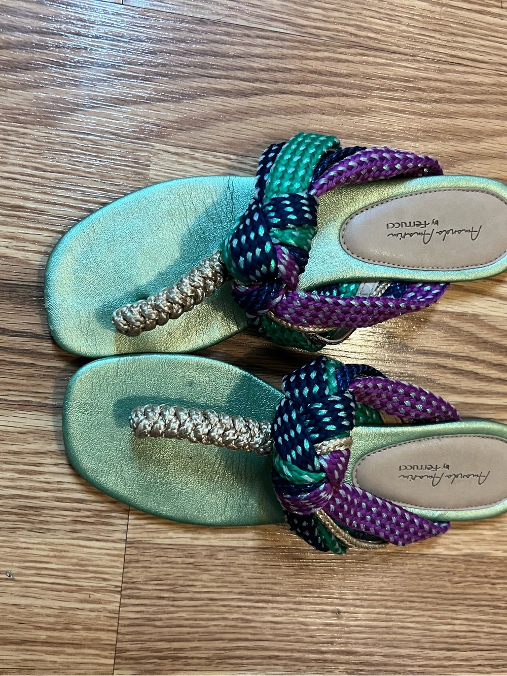Metallic Green Slide Sandals with Multicolor Braided Straps